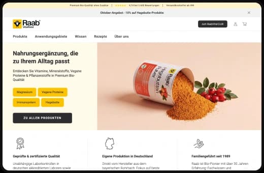 Raab Vitalfood: Shopify-Shop auf dem Desktop