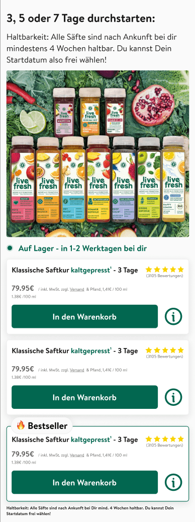 Mobile Shop-Ansicht von LiveFresh mit Saftkur-Produkten und Warenkorb-Buttons