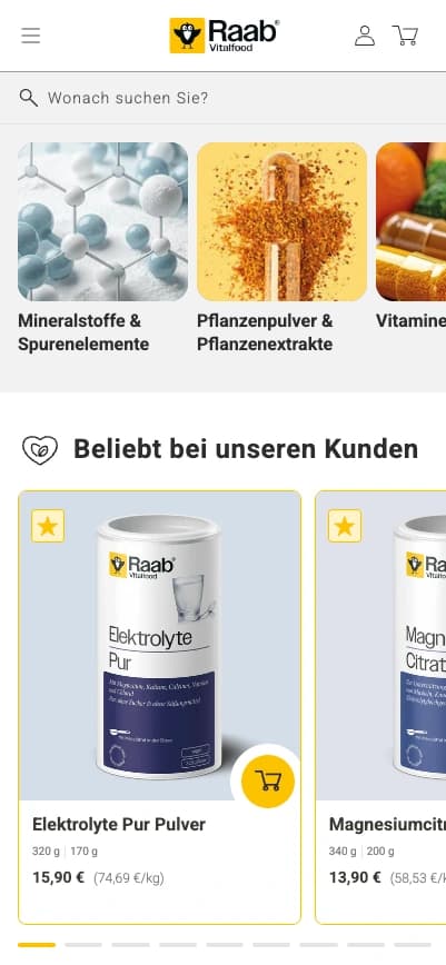 Mobile Shop-Ansicht von Raab Vitalfood mit Kategorien und beliebten Nahrungsergänzungsmitteln